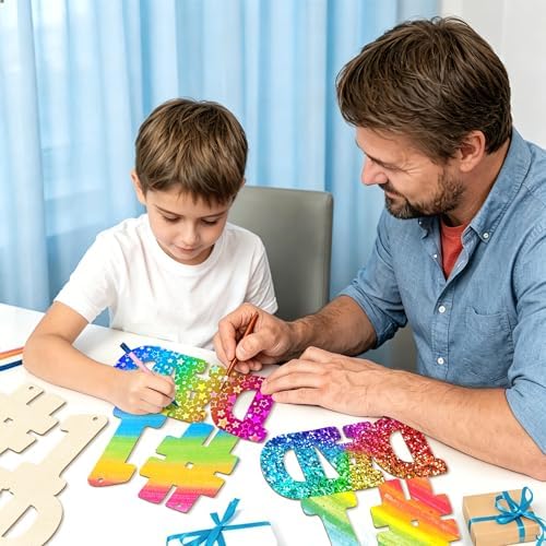 Large 12" Wooden Fathers Day Crafts for Kids Ornaments to Paint DAD, DIY Blank Unfinished Father's Door Sign Wreaths for Front Door Plaque Photo Props Gifts Hanging Daddy Birthday Party Supplies Decor