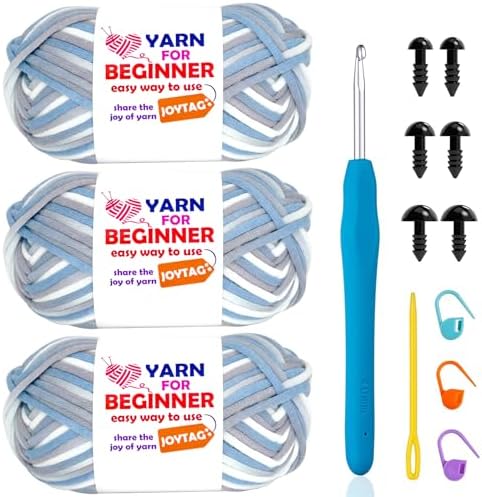 3 Pack Rainbow Beginner Crochet Yarn for Crocheting Knitting Multicolor Cotton Crochet Yarn for Beginners with Easy-to-See Stitches Cotton-Nylon Blend Easy Yarn for Beginners(Blue Grey)
