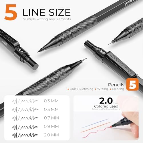 Four Candies Metal Mechanical Pencil Set, 4PCS 0.3, 0.5, 0.7, 0.9MM Mechanical Pencils & 2MM Drawing Pencil with 9 Tubes Lead Refills (4B 2B HB 2H Color) for Student Writing Artist Sketching - Black