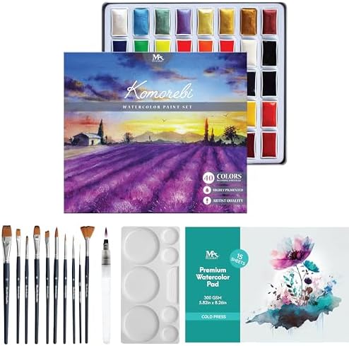 MozArt Japanese Watercolor Paint Kit 40 Colors 10 Brushes & Palette