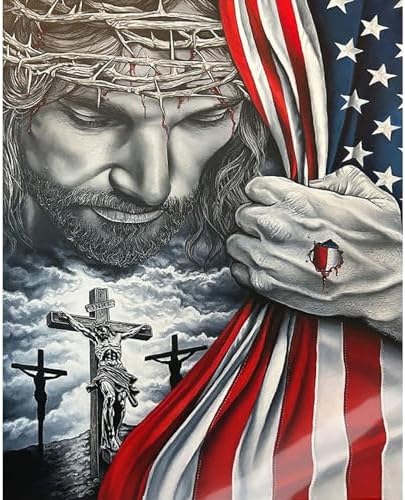 ajepon Independence Day Paint by Numbers Kit for Adults - Painting by Number Kits Jesus Christ, American Flag Adults Paint by Numbers Kits on Canvas Without Frame for Home Wall Decor 16X20inch