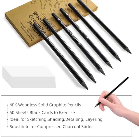 LIVHOLIC Woodless Graphite Drawing Pencils Set,6 Black Lead Pre-Sharpened 2H HB, 2B, 4B, 6B 8B Degrees Coloring Pencils, 50PK Blank Watercolor Card for Sketching,Writing,Shading