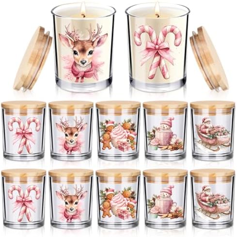 Ziliny 10 Pcs Pink Christmas Glass Candle Jars Empty Containers Bulk 7 oz Pink Elk Snowman Santa Claus Glass Jars with Cork Lids Tins for Candle Making Storing Biscuits Party Favors