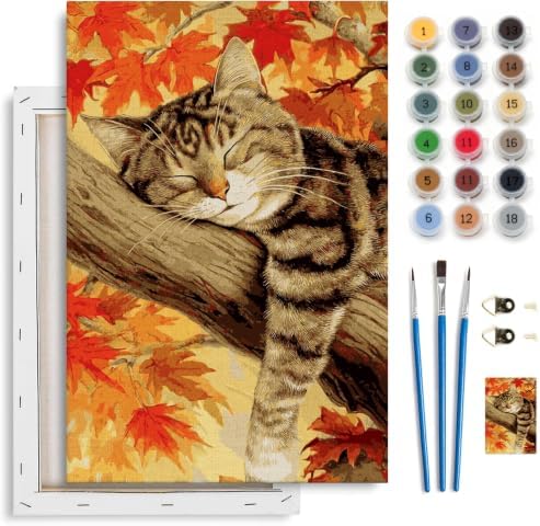 Spandrel Framed Paint by Numbers Cat Kit for Adult, Autumn Adult Paint by Number Kits on Canvas, DIY Acrylic Oil Easy Halloween Painting by Numbers Fall for Home Wall Decor, 8x12in