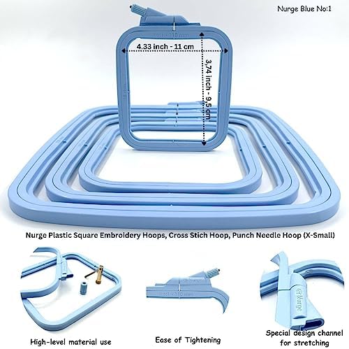 Nurge Square Embroidery Hoop - Plastic Cross Stitch Frame for Needlepoint & Embroidery - Adjustable Craft Hoop - Blue - No:1 (X Small)