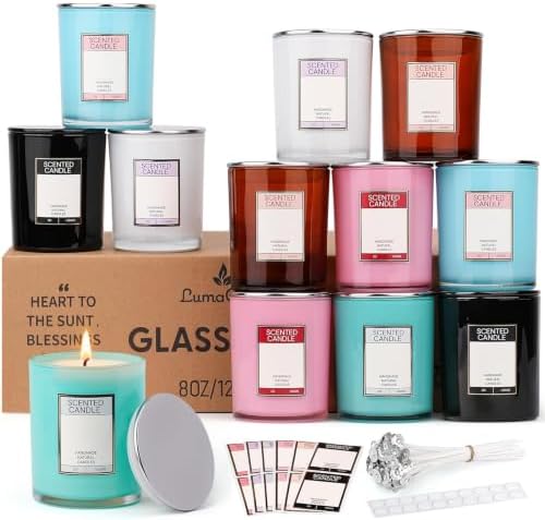 LumaCraft 8oz Candle Jars with Lids, 12 Pack Colored Glass Containers for Candle Making, DIY Kit with 20 Wicks, Stickers & Labels, Refillable Aromatherapy Jars for Home Decor & Gifts
