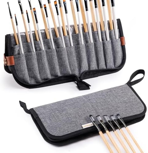 Paint Brush Holder Case for Artists with 22 Slots, Brush Organizer with Pop-Up Stand, Travel Paintbrush Storage Bag for Acrylic Oil Watercolor, Zippered Art Brush Cover (Brushes Not Included)