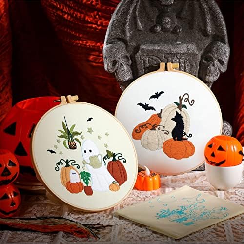 Yuxung 5 Sets Embroidery Kit for Beginners Adult Fall Thanksgiving Embroidery with Pumpkin Maple Leaf Pattern DIY Starter Needlepoint Kit with Embroidery Hoop Thread Needle for Halloween Craft Lover