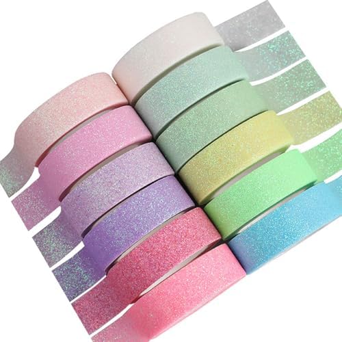12 Rolls Glitter Washi Tape Set – 15mm Macaron Cute Colored Masking Tape, Sparkle Decorative Tape for DIY, Art, Scrapbook Tape, Decor & Crafts