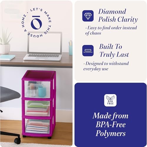 HOMZ Drawer Tower, 3-Tier Storage Cart with Removable Wheels, Purple Frame