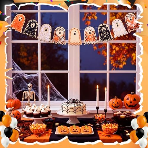 Kathfly 24 Set Halloween Wooden Craft Kit Ghost String Craft Ornaments with Yarn and Plastic Weaving Tools DIY Art Hanging Decorations for Classroom Halloween Haunted House Party Favor Home Activities