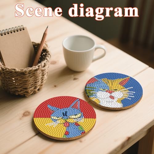 DOTSOPS 8 PCS Cat Diamond Art Coasters Kits for with Holder Beginners 4 in