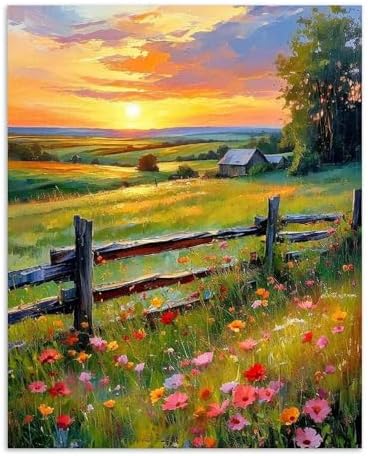 Alptiny Sunset Farm Paint by Numbers Kit for Adults Beginner, Countryside Landscape with Flowers Paint by Number Kits, DIY Oil Painting Kit for Relaxation & Home Decor, 16x20 Inch