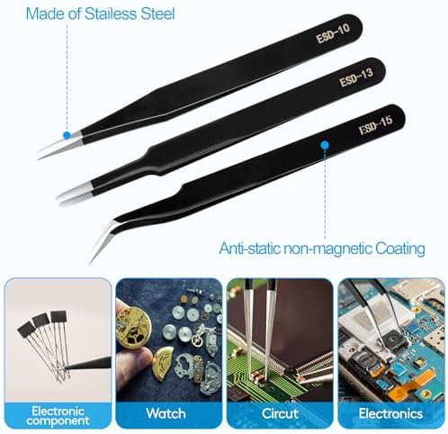 YHYZ 9PCS Precision Tweezers Set, Premium Anti-Static Stainless Steel Precise Tweezers (Fine, Curved, Flat), for Craft, Electronic, Soldering, Model, Hobby, Jewelry Making, Laboratory