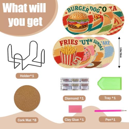 CRZMODE 8 Pcs Burger Diamond Art Coasters Kits, Diamond Painting Coasters with Holder Set of 8, DIY Burger Art Crafts Supplies for Adults Cup Mat House Warming Gifts Non-Slip