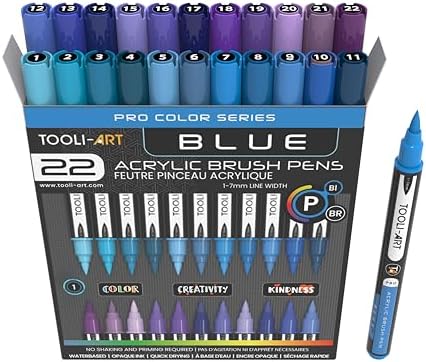 TOOLI-ART 22 Flexible Brush Tip Acrylic Paint Pens Markers Set 1-7mm Line for Rock Painting, Glass, Mugs, Wood, Metal, Canvas, Plastic. Non Toxic Waterbased Quick Drying Assorted Blue