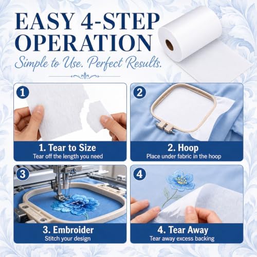 Peryiter 1 Roll 8" x 100 yd Tear‑Away Embroidery Stabilizer 25μm Backing Stabilizer for Embroidery Lightweight Sewing Stabilizers for Hand Sewing Machine