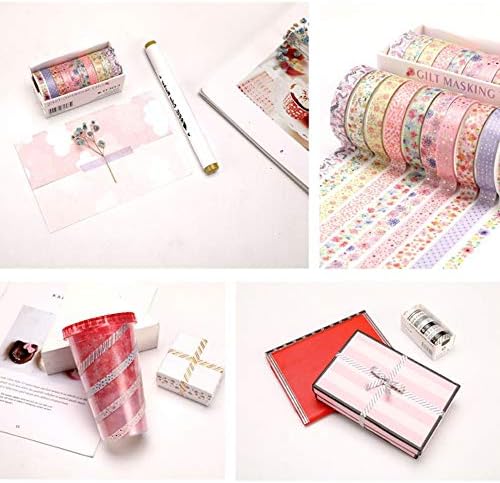 YUBBAEX 10 Rolls Sparkling Washi Tape Set 8mm Skinny Gold Foil Decorative Masking Washi Tapes for Journal,Scrapbook, Planner, DIY Crafts (Beautiful Flowers)