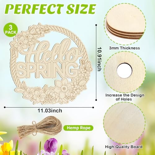 Large Size 12" Wooden Spring Ornaments to Paint, Flower Wooden DIY Blank Unfinished Round Wood Discs Ornament for Crafts Hanging Decorations(3PCS)