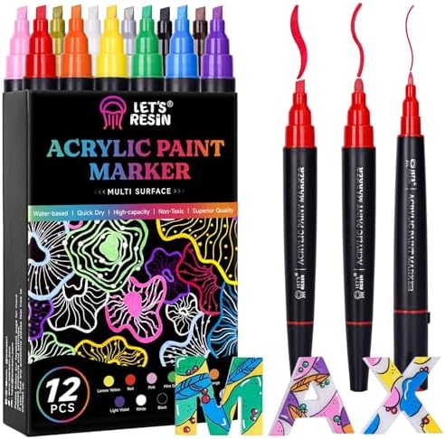 LET'S RESIN 12 Colors Acrylic Paint Markers with 3 Tips Multi-Purpose