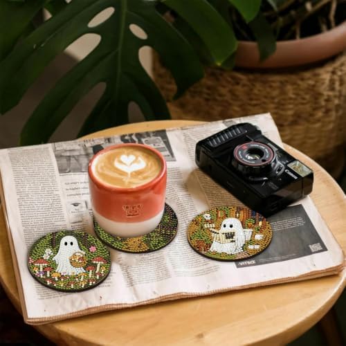 8 Pcs Halloween Diamond Art Coasters Kits, Ghost Diamond Painting Coasters