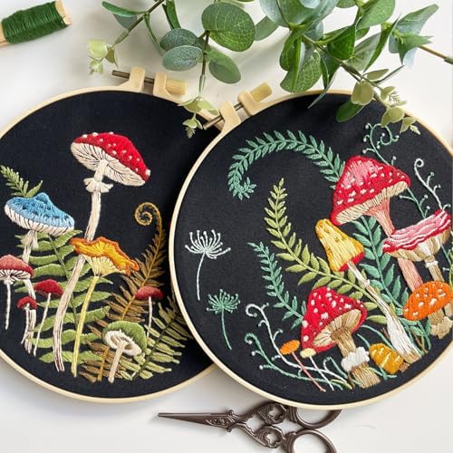 Myfelicity Embroidery Kit with Mushroom Patterns, 3 Hoops, Fabric, Threads, Needles, Instructions (red)