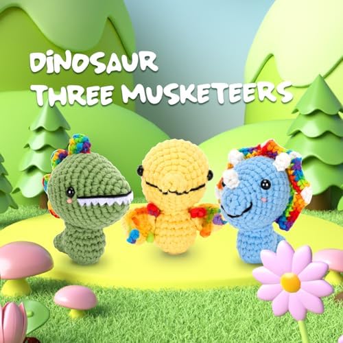 Crochet Kit for Beginners Adults - 3pcs Dinosaur Starters Crochet Kit, Beginners Crocheting Kitting for Adults Teen, DIY Craft Gifts with Crochets Yarns, Hook, Step-by-Step Video, Instruction