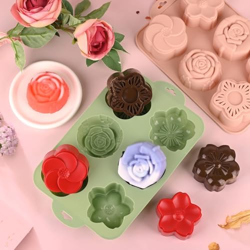 Actvty Flower Silicone Mold, 2 Pcs of 6 Cavities Different Flower Shapes Baking Molds for Make Chocolate Cake Jelly Homemade Soap Bath Bombs