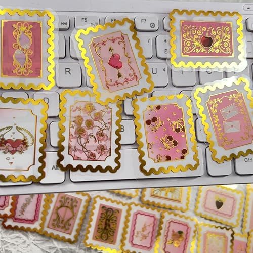 50 PCS Cartoon love stamps Stickers Aesthetic PET Stickers Gold Stamp Decal Waterproof Decorative Decals for Scrapbook DIY Crafts Album Bullet Journal Planner Water Bottles Laptop Phone (Gold stamp-B)
