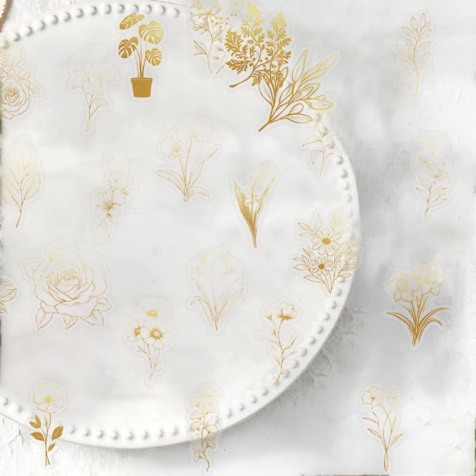 50 Pcs PET Transparent Gold Plant Stickers, Waterproof Vinyl Gold Foil Floral & Foliage Decals for Laptop Skateboard Luggage, Elegant Botanical Stickers Gift for Kids Teens Adults(Golden Plants)