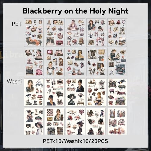 Holy Night BlackBerry Sticker Scrapbooking Supplies for Junk Journal, 20 Sheets PET Stickers - Vintage Journaling Stickers