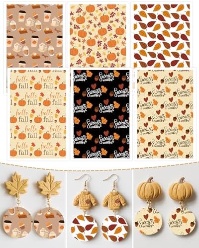 Puocaon Fall Clay Transfer Paper - 18 Pcs Maple Leaves Pumpkin Art Design Transfer Sheets for Polymer Clay Autumn Themed Earrings Design Jewelry Making