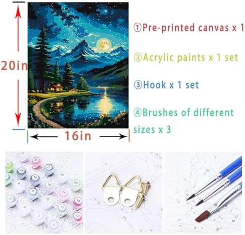 Lovepefe Mountain Paint By Numbers Kit for Adults Lakeside Cabin Adult Paint By Number Kits On Canvas Moon Night Oil Painting Kit for Beginners Adults Kits for Gift Home Wall Decor 16x20 Inch