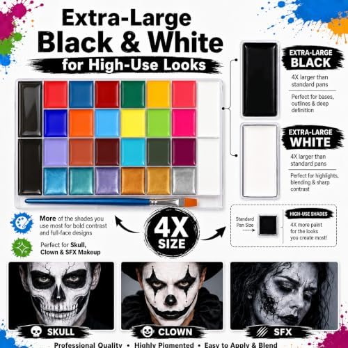 26 Color Face Body Paint Palette, Extra Large Black & White, 11 Brushes