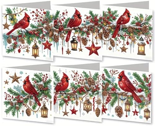 6Pcs Christmas Greeting Card DIY Diamond Art Painting Greeting Cards Blessing Folding Card Kit with White Envelopes Diamond Arts Crafts for Birthday Festival Gift-Cardinal