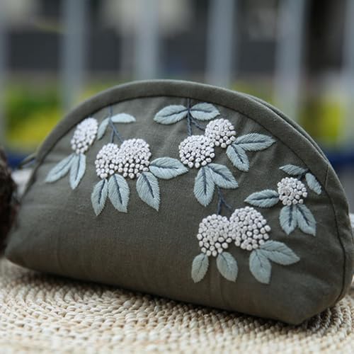 FONNUY Embroidery Kit Makeup Bag for Beginners, Flowers Pre-Stamped Pattern Handbag Coin Purses Making Kits for Adults with Hoop, Easy to Follow Color Thread Needlework (Grey)