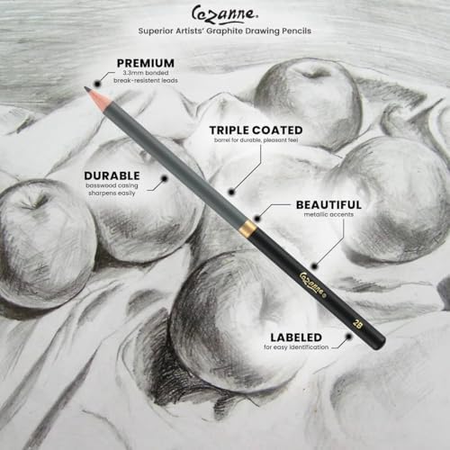 Cezanne Graphite Drawing Pencils Set - Assorted Set of 12 Break-Resistant Graphite Lead, Easy-to-Sharpen Sketch Pencils, Master Artist Quality Graphite Pencils for Technical and Artistic Drawing