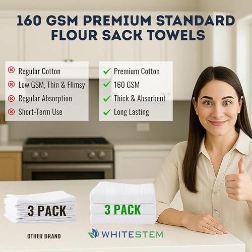 Flour Sack Towels 28” x 28” – Pack of 3 Cotton Kitchen Towels, Kitchen Dish Cloth and Cotton Tea Towels for Cleaning & Drying, Highly Absorbent for Baking & Bread Proofing - White