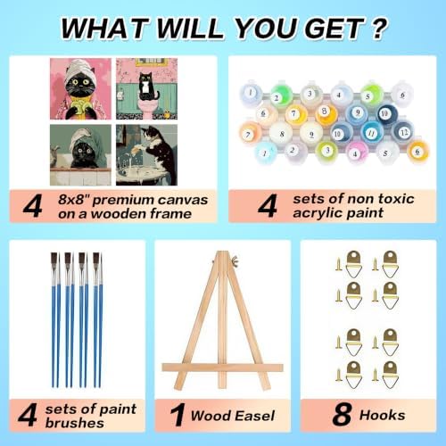 4 Pack Framed Black Cat Paint by Numbers Kits for Adults with Easel (8x8in)