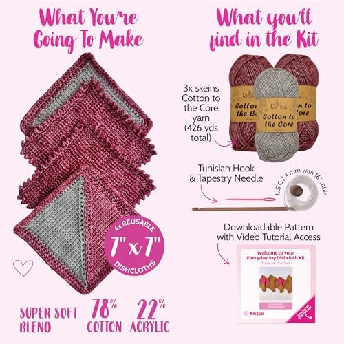 Tunisian Crochet Dishcloth Kit for Beginners - Cherry Red + Elephant Gray