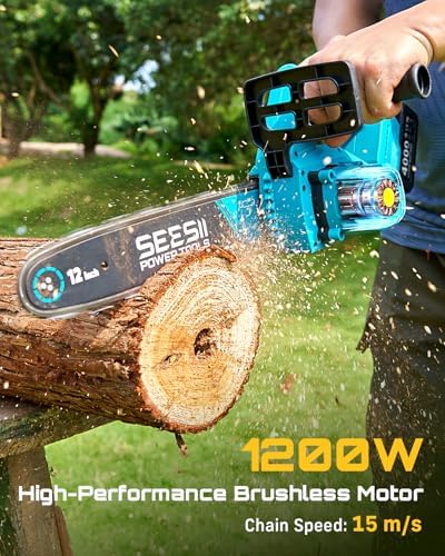 SEESII 12-Inch Electric Chainsaw Cordless, Brushless Motor | 2 x 4.0Ah Battery, Auto Oiling, Tree Saw with Tool-free Chain Tension, Wood Cutting Trimming Branch, Yard Work