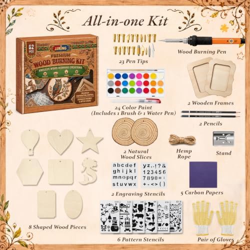 JJRING Wood Burning Kit - 62PCS Professional Wood Burning Tool With Adjustable Temperature Pyrography Pen, 24-Color Paint Set, Wood Slices & Stencils, Complete Wood burner Crafts Kit For Beginners