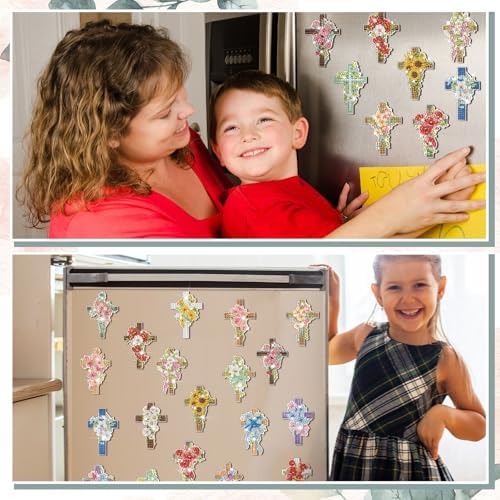 Motipuns 30 Pcs Diamond Magnets,Flower Cross,Wood