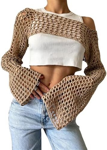 KEOMUD Women Crochet Tops Y2K Hollow Knit Bolero Shrug