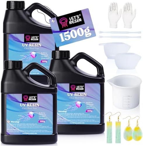 LET'S RESIN UV Resin, 1500g Hard Resin with Silicone Measuring Cups | Crystal Clear, Low Viscosity, Odorless, Anti-Yellowing, Fast Cure, Low Shrinkage, Beginner-friendly for UV Jewelry, Molds