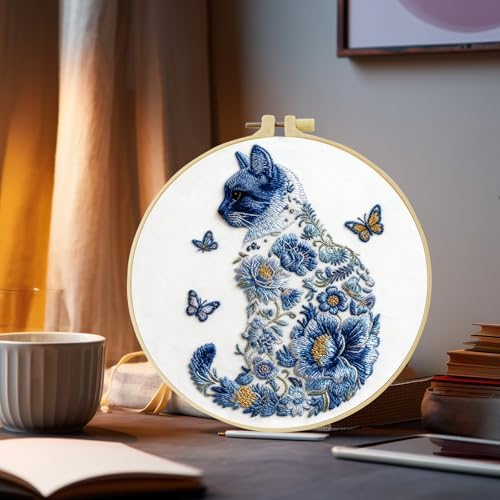 JOZYSH Blue Flower Cat and Butterfly Stamped Pattern Embroidery Kit for Beginners Adults Includes Cloth,Hoop,Color Threads,Needles and Instruction,Lover Hand Stitch with Embroidery Skill Techniques