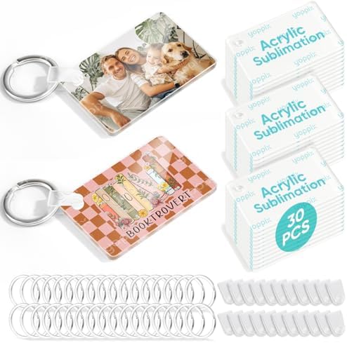 YOPPIX 90 Pcs Sublimation Acrylic Keychain Blank kit, with 30 Fixing Clips and 30 Key Rings for Heat Transfer Keychain Bag Decor Pet Necklace Christmas Tree Decor, Home Gift Crafts Supplies