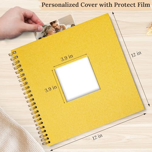 12"x12" Scrapbook Photo Album Linen Cover 40 Sheets 80 Pages White Paper | Yellow Hardcover Kraft White Pages Memory Book, for Travel Wedding Guest Book Christmas Baby Shower Fits 4x6 & Instant Photos