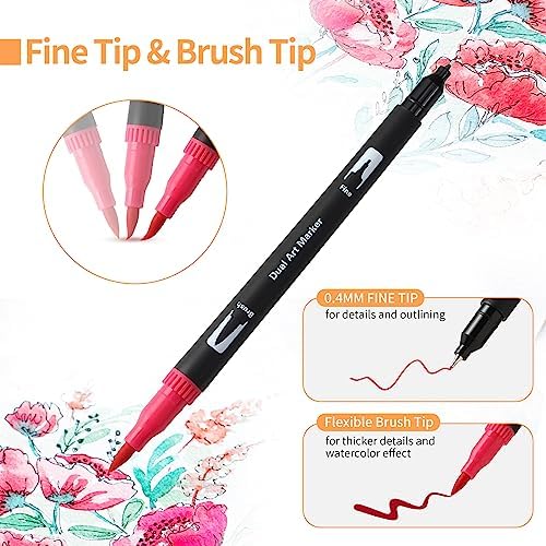 Peablce Art Markers Brush Pen Markers for Adult Coloring 32 Colored Pens | Fine Point Highlighter Pen & Brush Markres for Journaling Note Taking Planner