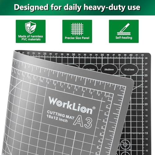 WorkLion Self Healing Cutting Mat: 12''x18'' Double Sided Craft Cutting Mat for Sewing, Fabric, Quilting - 5-Ply Slip-Resistant Hobby Cutting Board for DIY Projects (Grey/Black)
